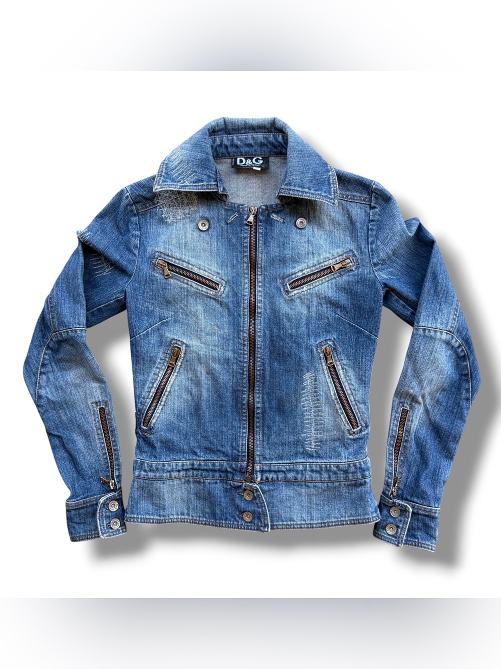 Vintage Y2K Dolce & Gabbana Moto Denim Jacket Full Zip Blue Size XS